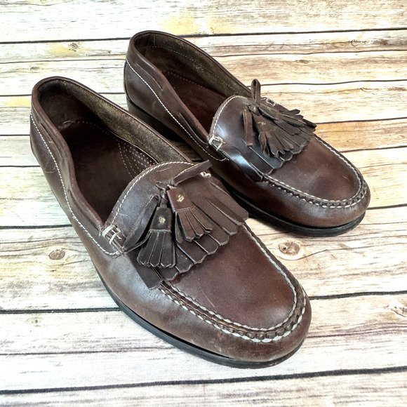 Cole Haan Mens Brown Leather Slip On Fringed Tassled Preppy Loafer Shoes 10.5D - Picture 1 of 7